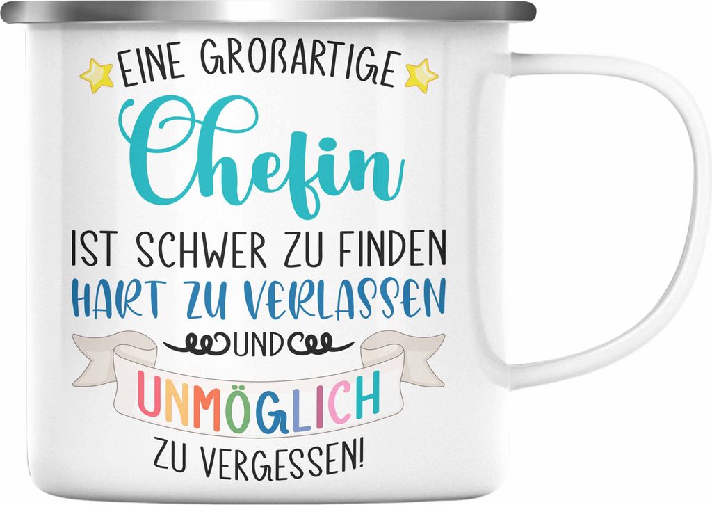 Trendation - Chefin Abschied Abschiedsgeschenk Chefinnen Emaille Tasse mit Spruch Grossartige Chefin Geschenkidee (Silber)