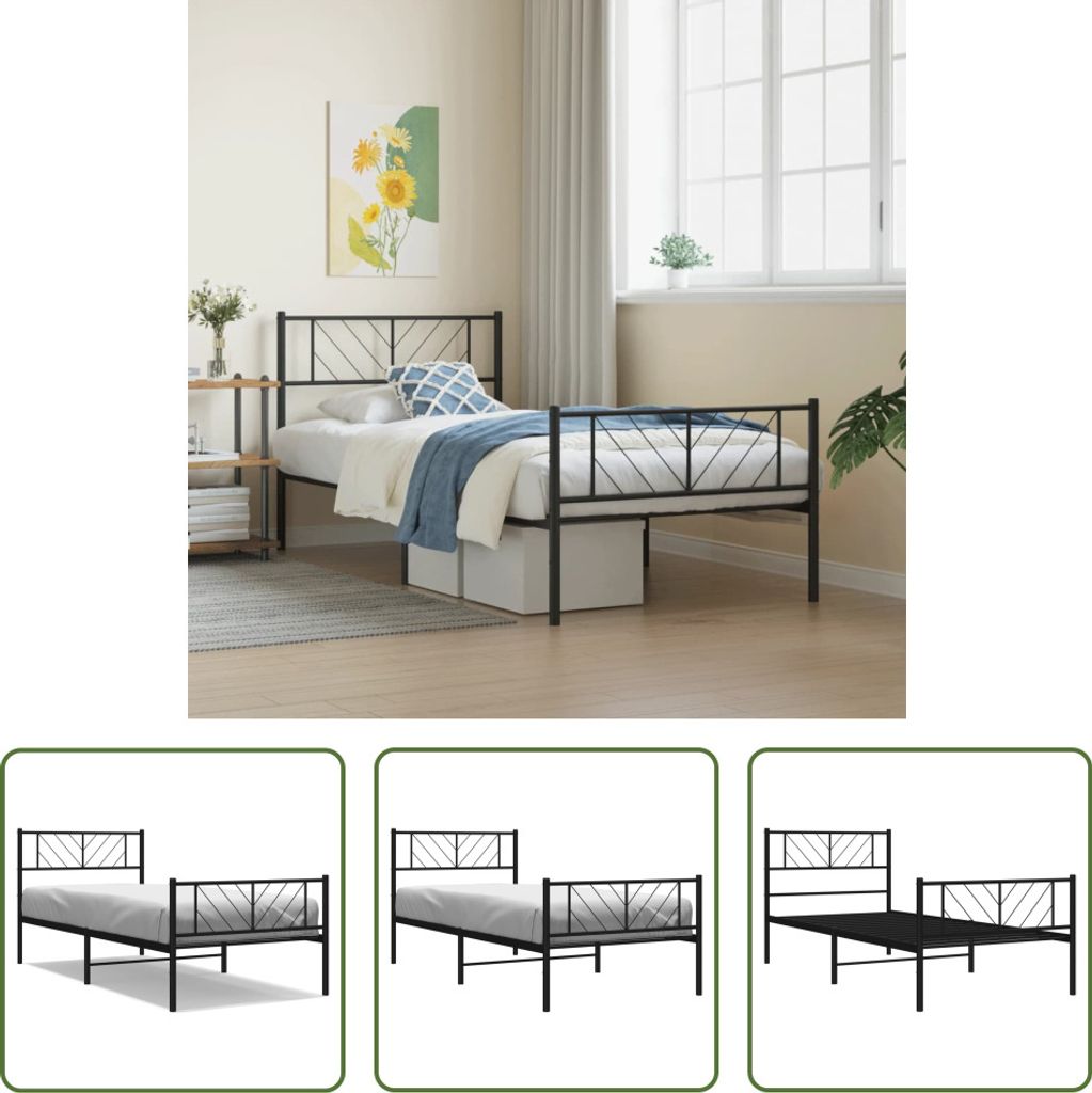 The Living Store Bettgestell mit Kopf- und Fußteil Metall Schwarz 100x190 cm