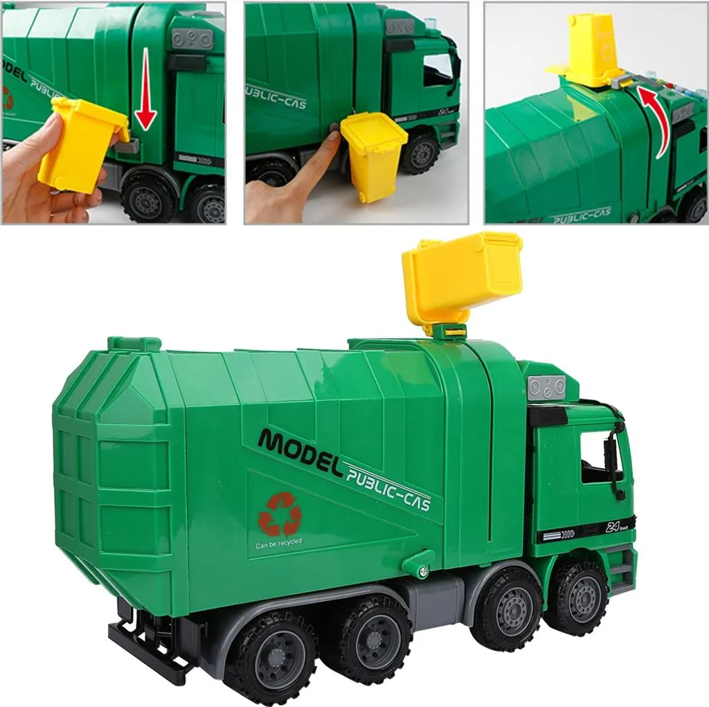 Camion poubelle à inertie en plastique lisse vert et blanc pour enfant