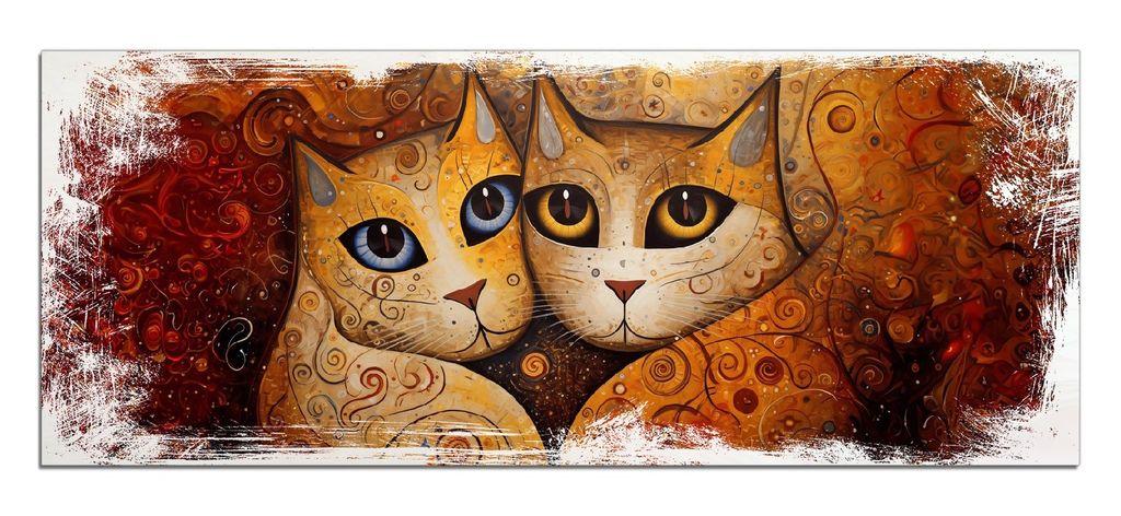 Wallario Kunstdrucke Wandbilder Holz in : Brillante Farben, Größe 50 x 125 cm Motiv Goldene Katzen