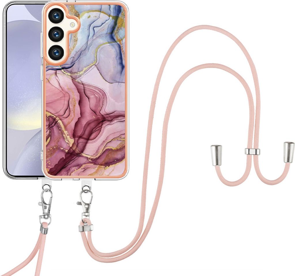 Galaxy S25+ Handykette Hülle, Muster TPU Bumper Schutzhülle mit verstellbarem Tragegurt für Samsung Galaxy S25+ Rosa