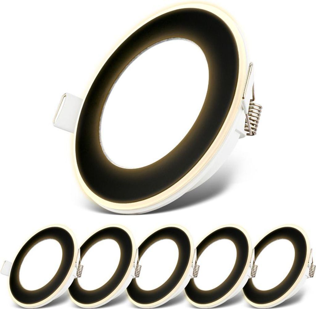 A set of five round LED downlights with a black inner ring and a white outer frame, arranged in a row below a single downlight shown from a slightly elevated angle.
