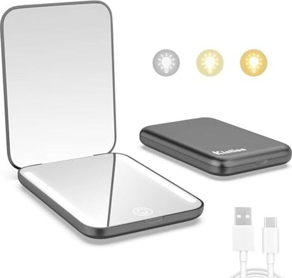 Kintion Blehoargable Compact Mirror, LED Travel Make -up 3 Farbtemperaturen, dimmbar, 400 mAh, tragbare kleine Handtaschenspiegel Frauen als Geschenk,