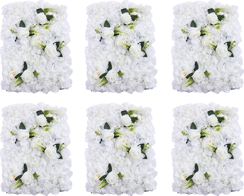 Mur Floral Artificiel Blanc et Vert 6 Pièces Décoration Murale en Soie