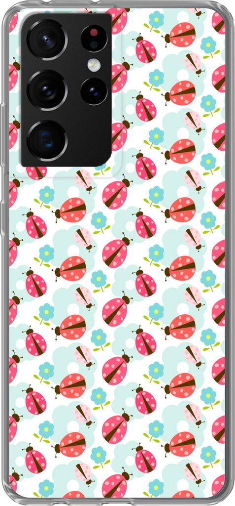 MuchoWow Handyhülle Schutzhülle Hülle für Telefoonhoesje Samsung Galaxy S21 Ultra Mädchen - Marienkäfer - Blumen - Muster - Mädchen - Kind...