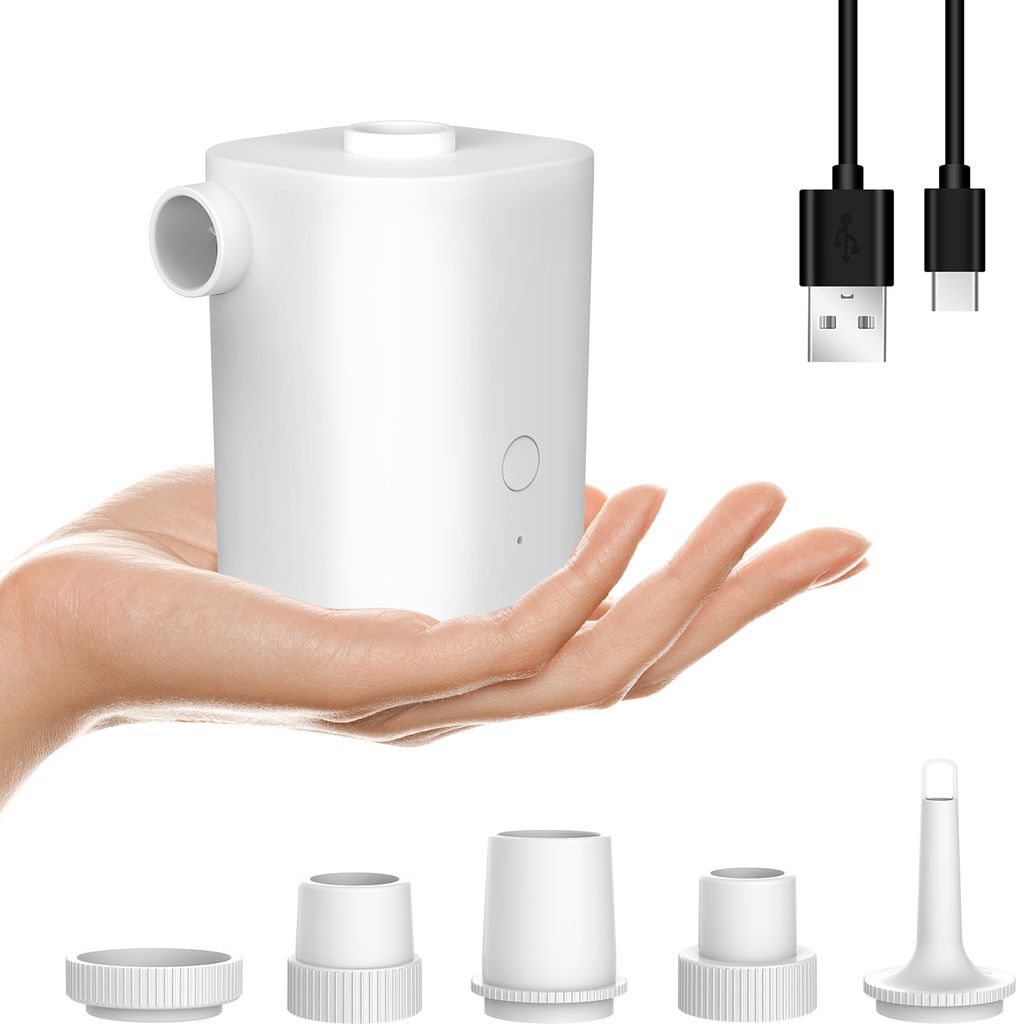 Elektrische Luftpumpe mit 5 Duesen USB-Schnellluftpumpe mit 2500mAh Akku fuer Inflator Deflator Pumpen Schlauchboote Luftmatratze Luftbett Pool Spi...