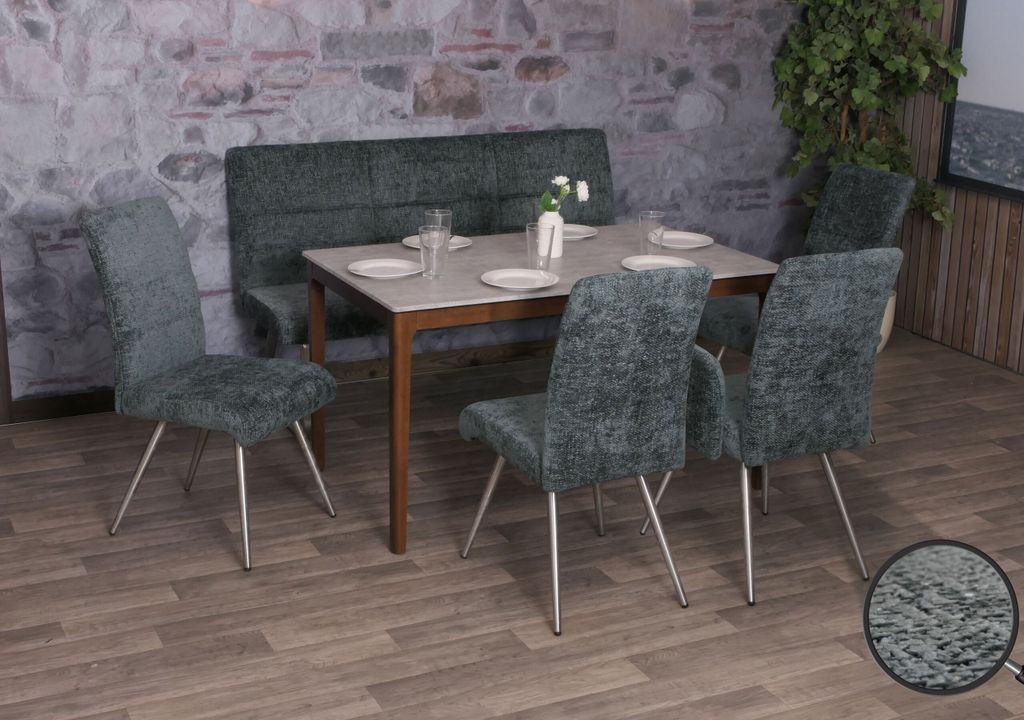 Esszimmer-Set HWC-G55, 4er-Set Stuhl + Sitzbank 160cm, Edelstahl gebürstet Stoff/Textil Chenille blau-grün