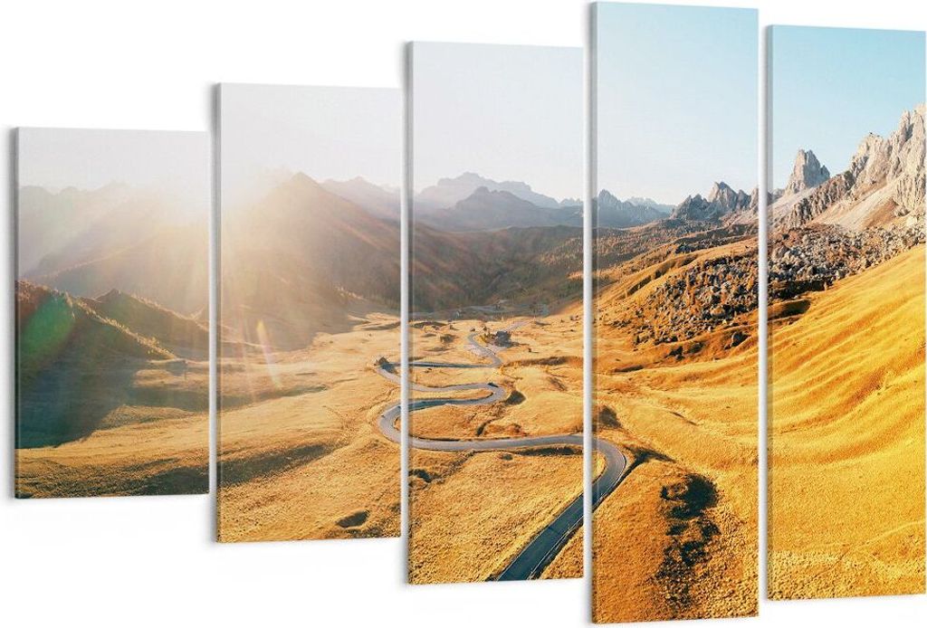 Bild auf Leinwand - Leinwandbild - 5 Teile - Sonne Berge Weg - 150x100cm - Wand Bild - Wanddeko - Wandbilder - Leinwanddruck - Bilder - Wanddekorat...