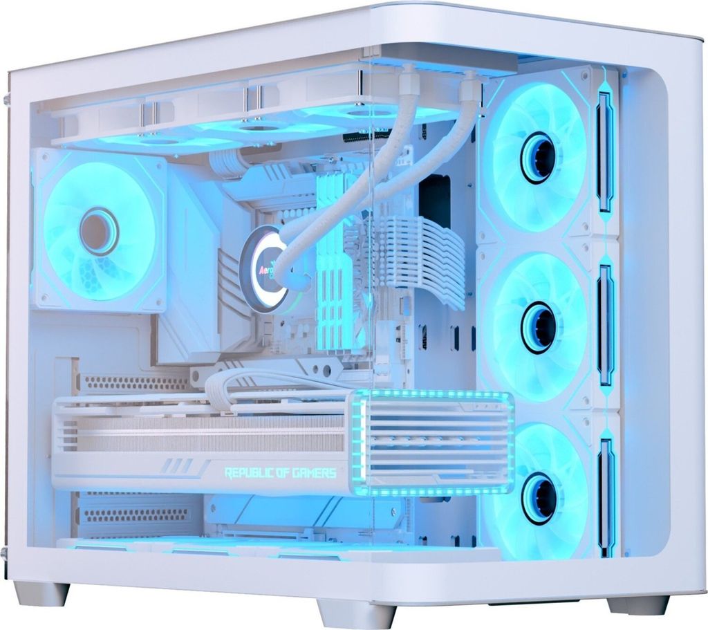 A white computer tower case with blue LED lighting.
