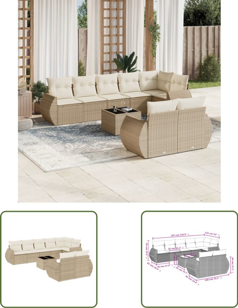 The Living Store 9-tlg. Garten-Sofagarnitur mit Kissen Beige Poly Rattan