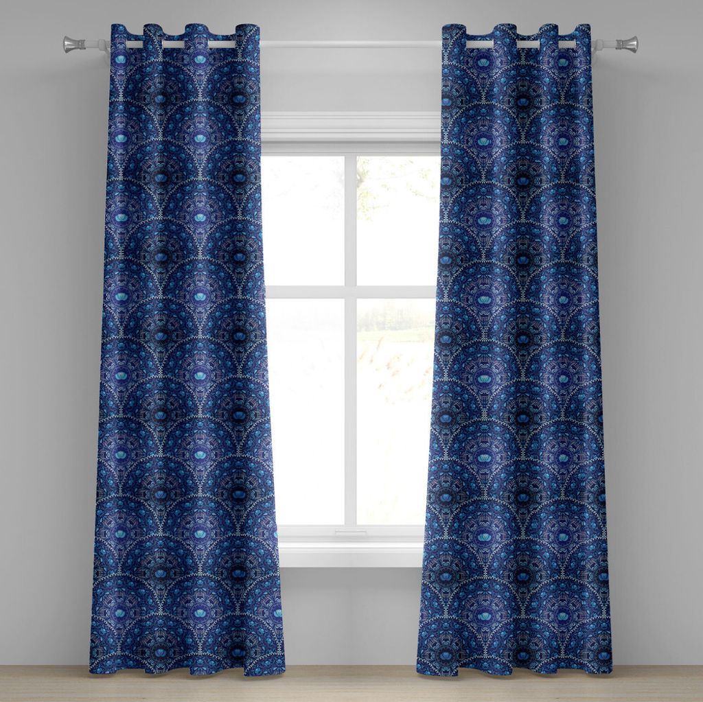 ABAKUHAUS Navy blau Ösenvorhang, Kreisförmige und Blumen Pflanzen Ornamente Orientalischer Stil Muster, Dekorative 2-Panel-Fenstervorhänge, 280 ...