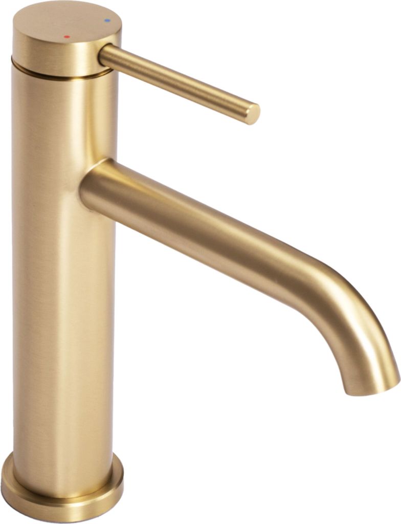 A close-up studio shot of a gold-brushed bathroom faucet against a white background.