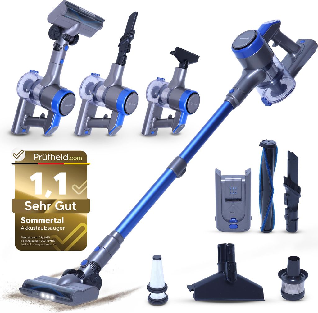 A collage of a cordless vacuum cleaner and its accessories, with a product rating badge.