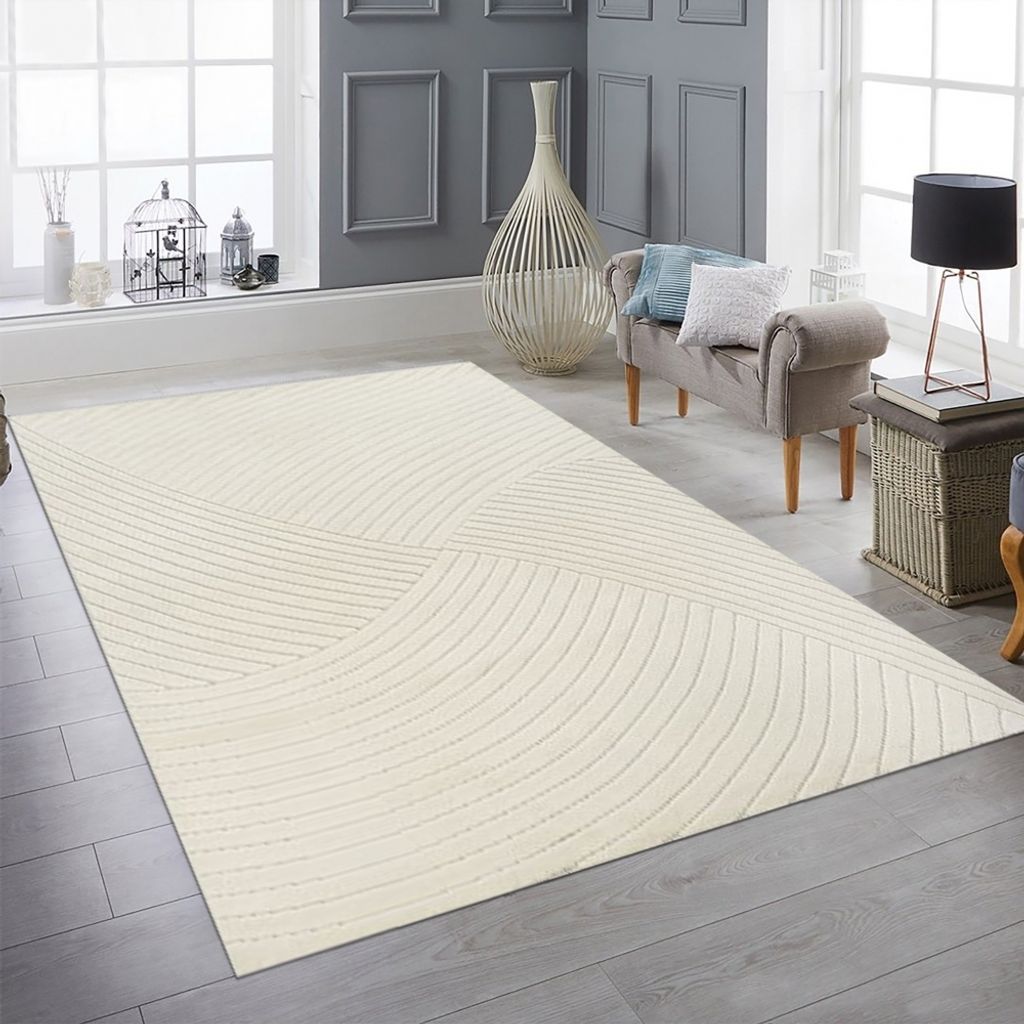 Heller Wohnzimmerteppich Niedrigflor mit speziellem Linienmuster in Creme Größe - 133 x 190 cm