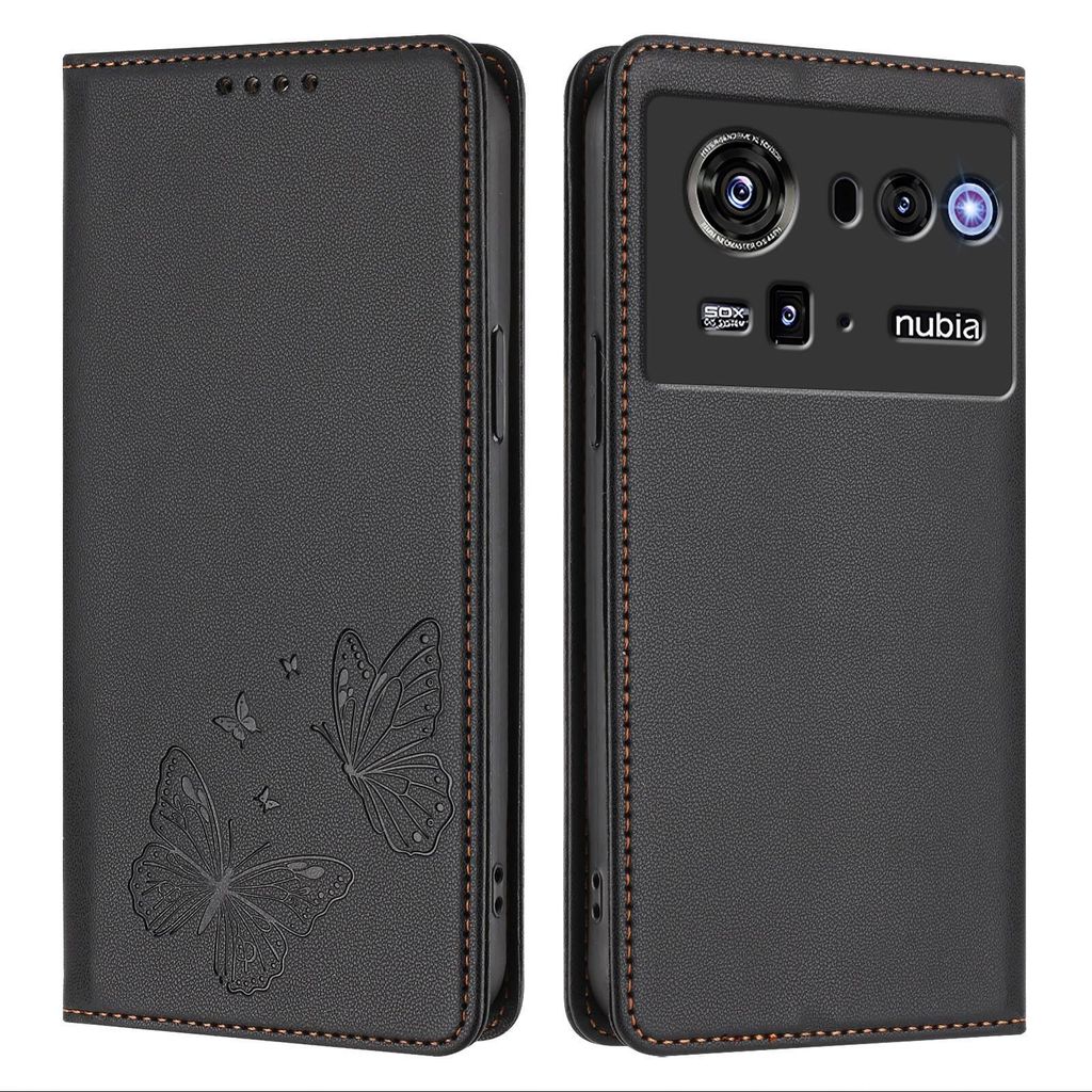Lederhülle für ZTE nubia Z80 Ultra, Schmetterling Prägung Leder Brieftasche Schutzhülle mit Ständer Schwarz