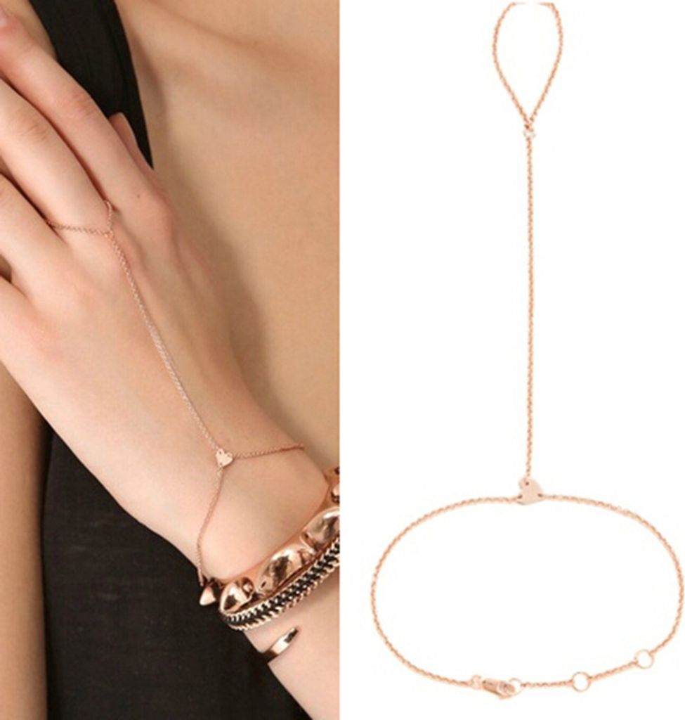 Mode Frauen Liebe Herz Hand Harness Finger Ring Slave Kette Armband Schmuck