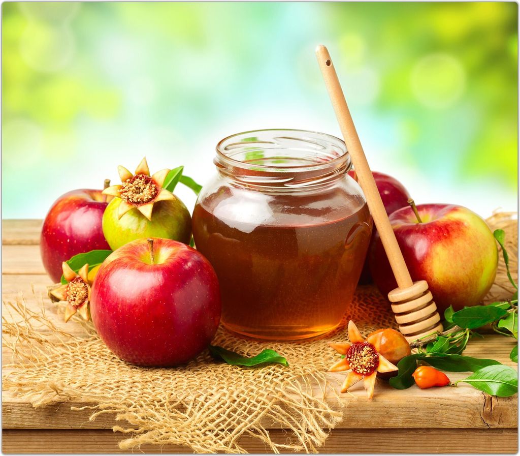 Spritzschutz Herdabdeckplatte Schneidebrett aus Glas Honig und Apfel im Grünen 1-Teilig (60x52cm)
