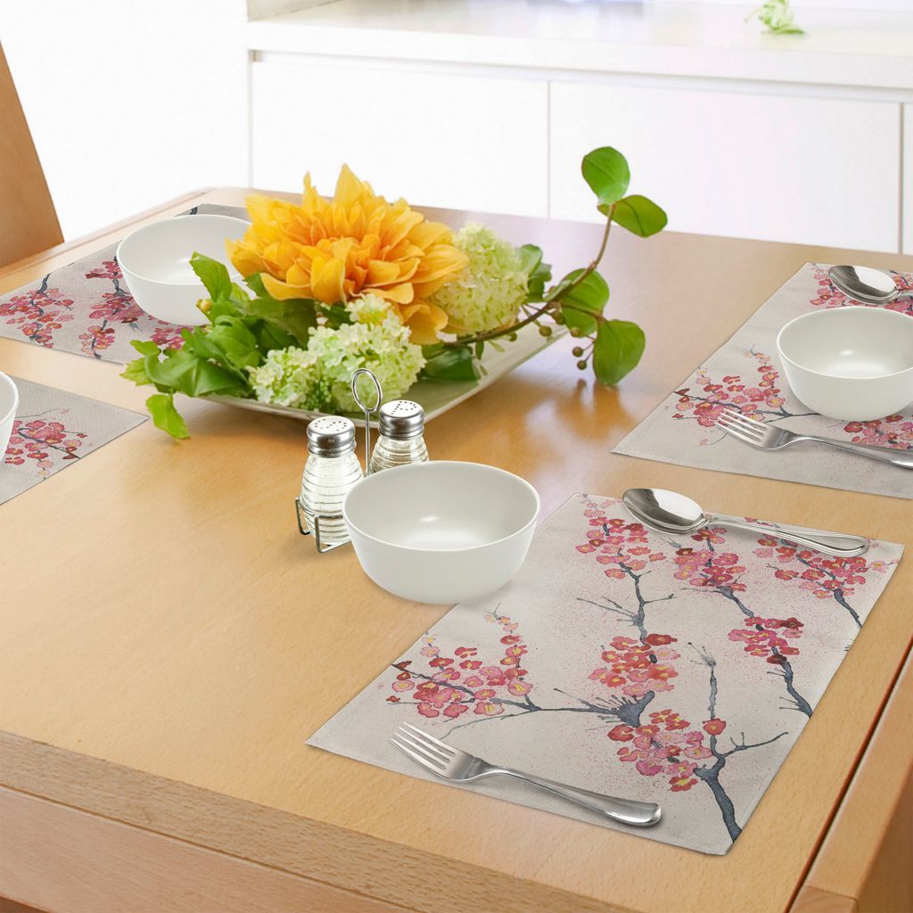 ABAKUHAUS Blumen Platzmatten, Kirschblüten Sakura östlichen Alten Stil Malerei Print Vintage asiatischen Thema, Tiscjdeco aus Farbfesten Stoff f...