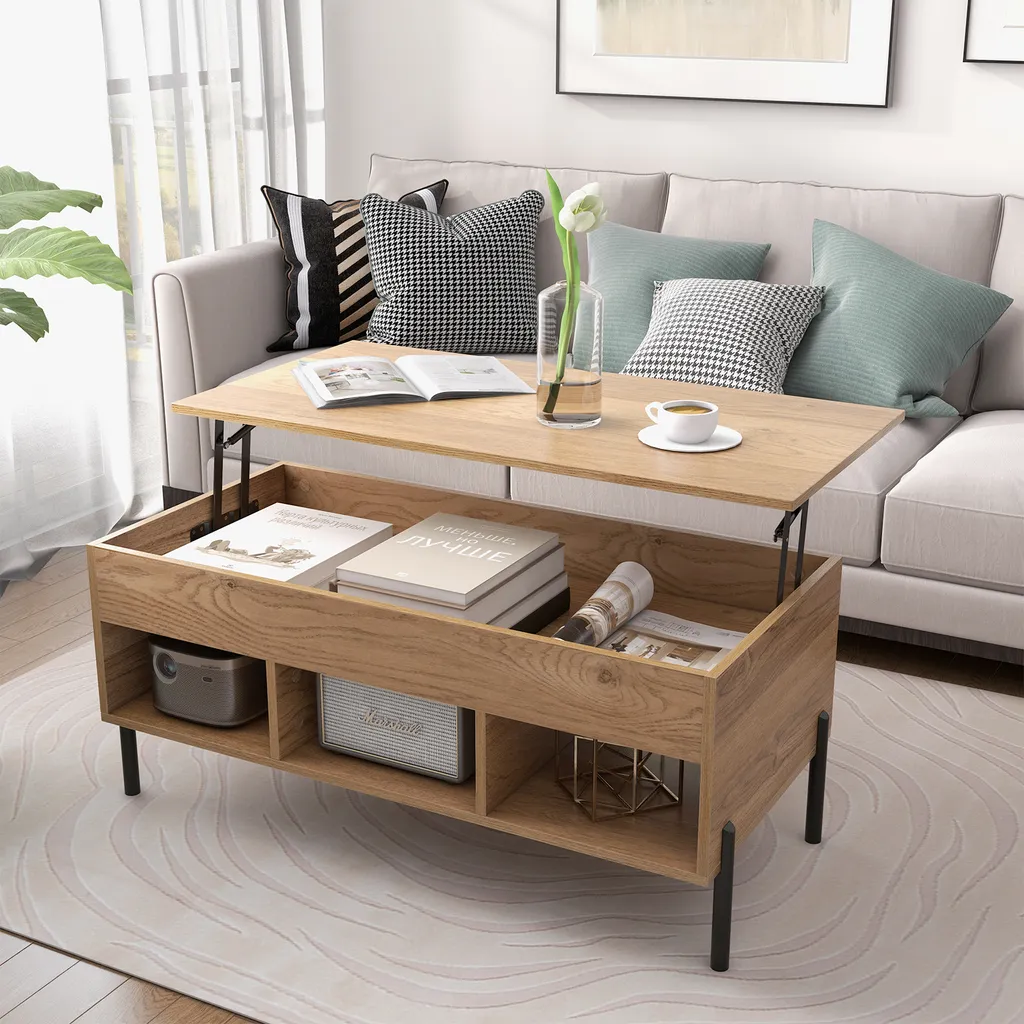 Table basse à plateau relevable et rangements ouverts style naturel - 2