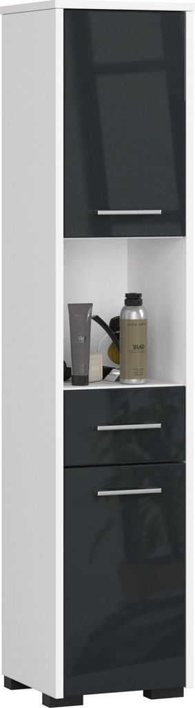 Badezimmerschrank – Badschrank – Badmöbel Schrank – FIN – 30 cm – Weiß / Schwarz Hochglanz – Platzsparende Aufbewahrung mit Schublade