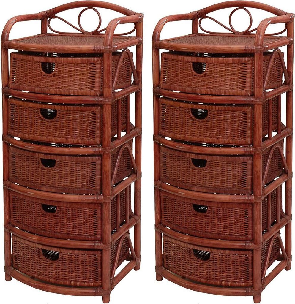 KRINES HOME 2er Set Regale mit 5 Schüben aus Natur-Rattan, Kommode / Korbregal 53x43x129 (Bordeaux-Rot)