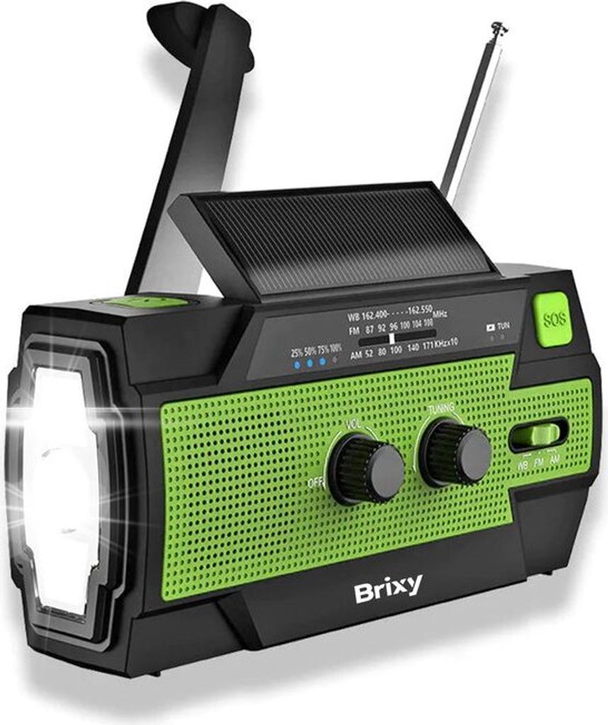 Brixy Notradio - Radio mit Akku Akku für Notfälle - 4000 MAH - Aufziehbar - Solar - Taschenlampe - Powerbank - Grün