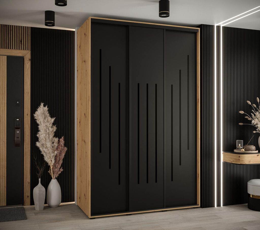 Kleiderschrank YVONA 8 - 150/60 cm, Eiche handwerklich / schwarz / schwarz