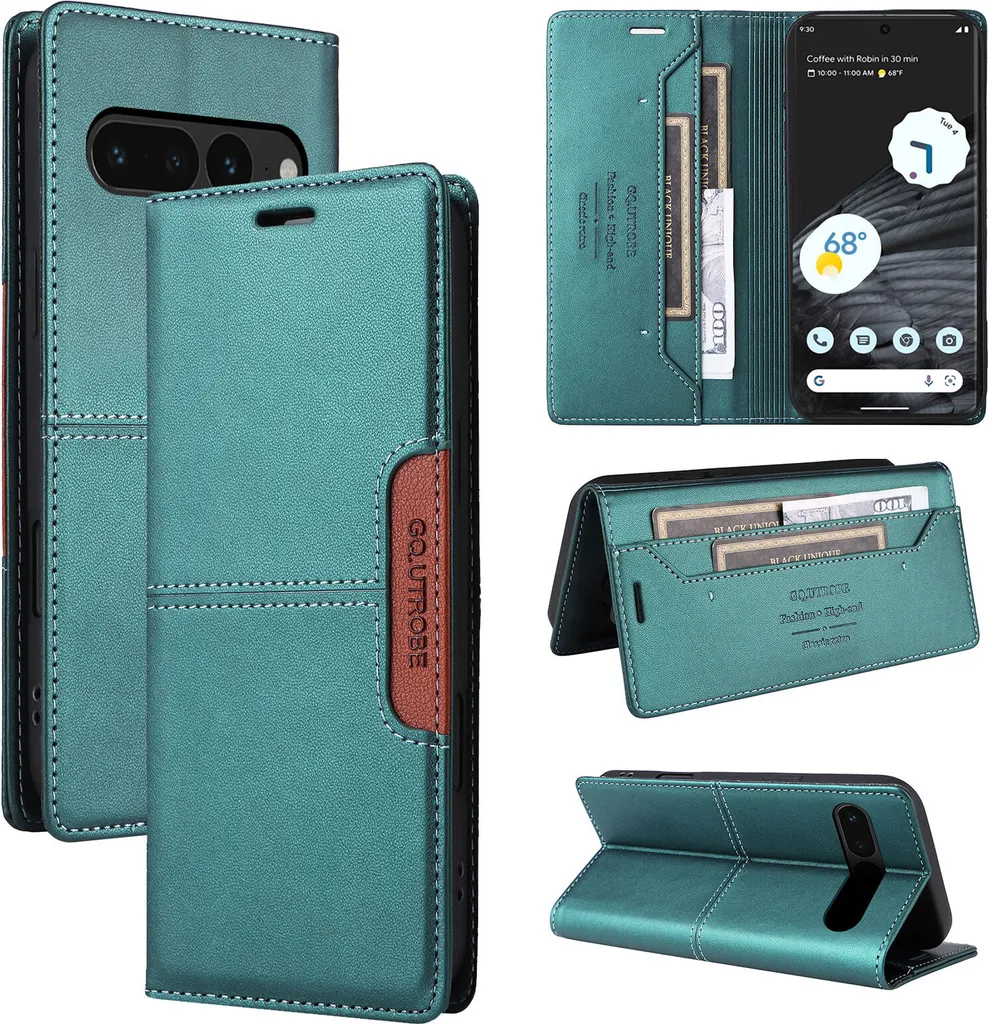 Custodia per Google Pixel 7 Pro, custodia flip wallet in pelle con slot per carte e supporto Verde