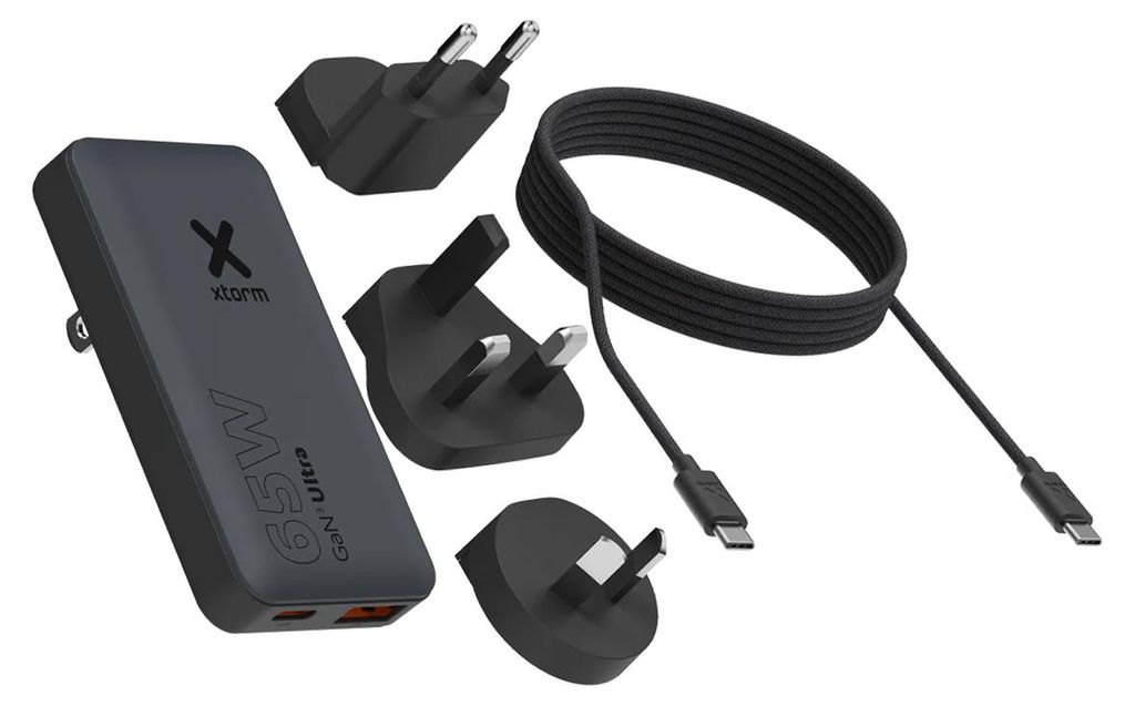 Xtorm, GaN3 Reise-Ladegerät 65W USB-C PD + USB-A QC 4.0 mit 1m Kabel, Schwarz