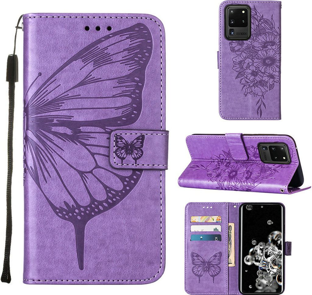 Galaxy S20 Ultra Hülle, Schmetterling Prägung Flip Leder Kartenfächer Schutzhülle Ledertasche mit Ständer für Samsung Galaxy S20 Ultra Violett