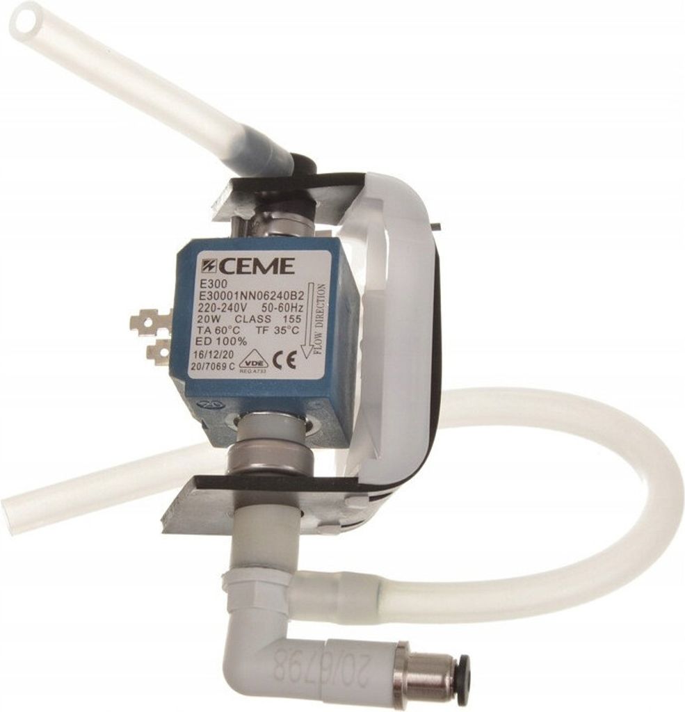 A close-up studio shot of a solenoid valve with attached tubing, set against a white background.