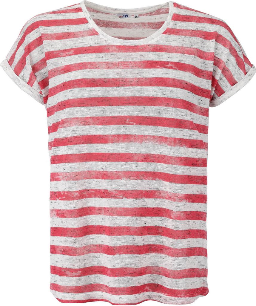 modAS Damen T-Shirt mit Streifen in Leinenoptik - Gestreiftes Kurzarmshirt Maritim in Koralle-Weiß Größe 46