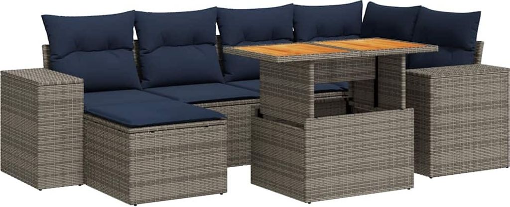 7-tlg. Garten-Sofagarnitur mit Kissen Grau Poly Rattan