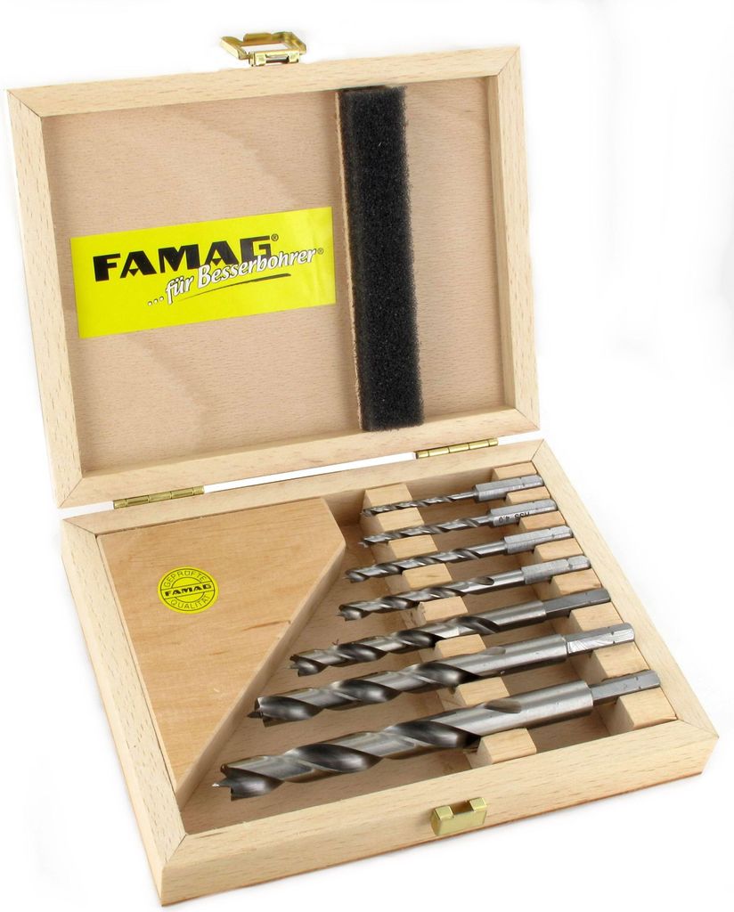 Famag Spiralbohrer Set für Holz, 7-teilig, HSS-G, 3-12 mm, Holz-Box, Holzbohrer