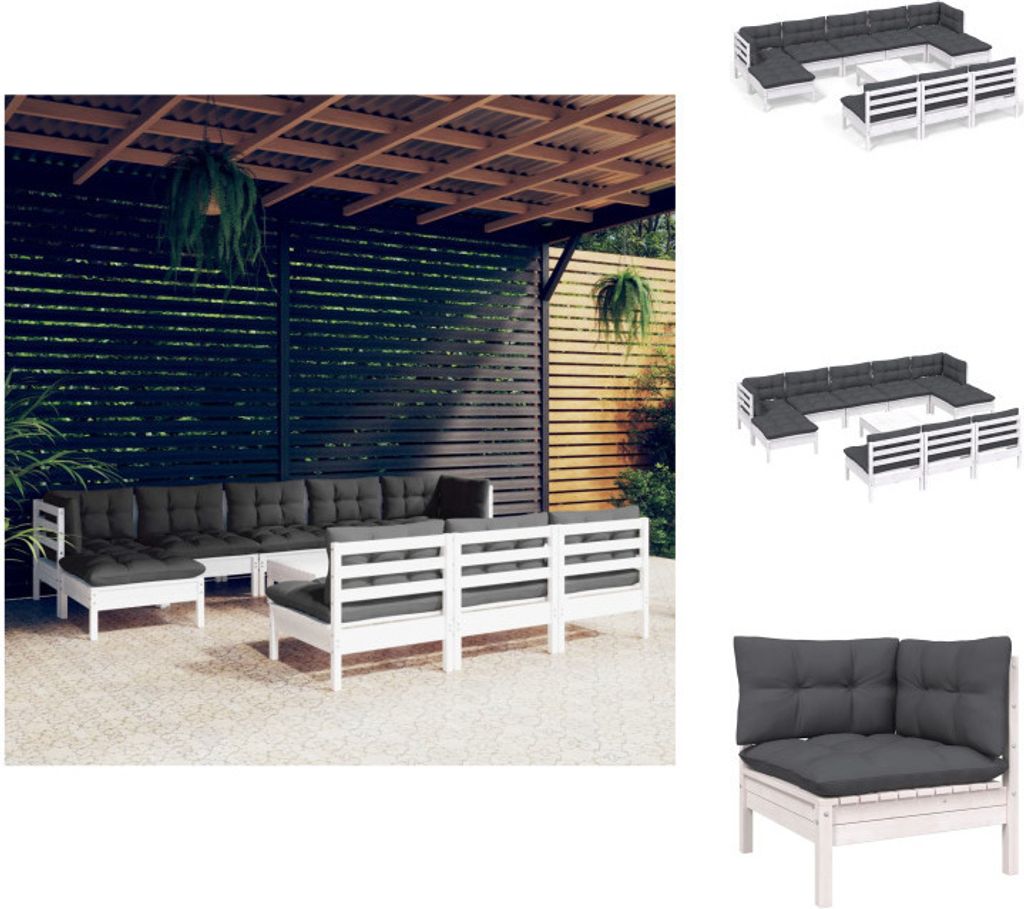 vidaXL 11-tlg. Garten-Lounge-Set mit Kissen Weiß Kiefernholz - Gartenmöbel-Sets