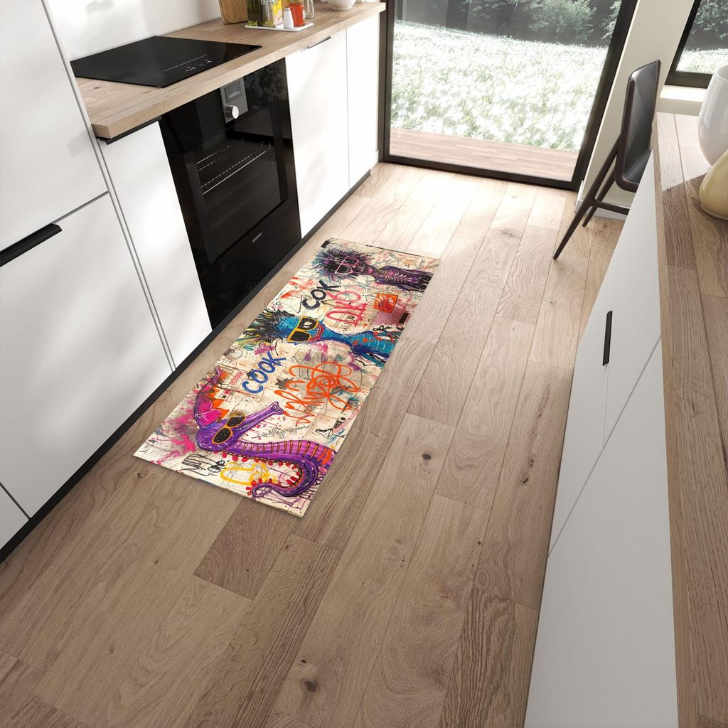 Küchenteppich 60x150cm rutschfest & abwischbar PVC Läufer - Graffiti Tiere