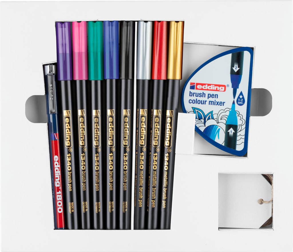 edding Happy Lettering 9+2 Set - 8 Fasermaler in leuchtenden und metallischen Farben, 1 Fineliner - perfektes Einsteigerset für Lettering-Liebhabe...