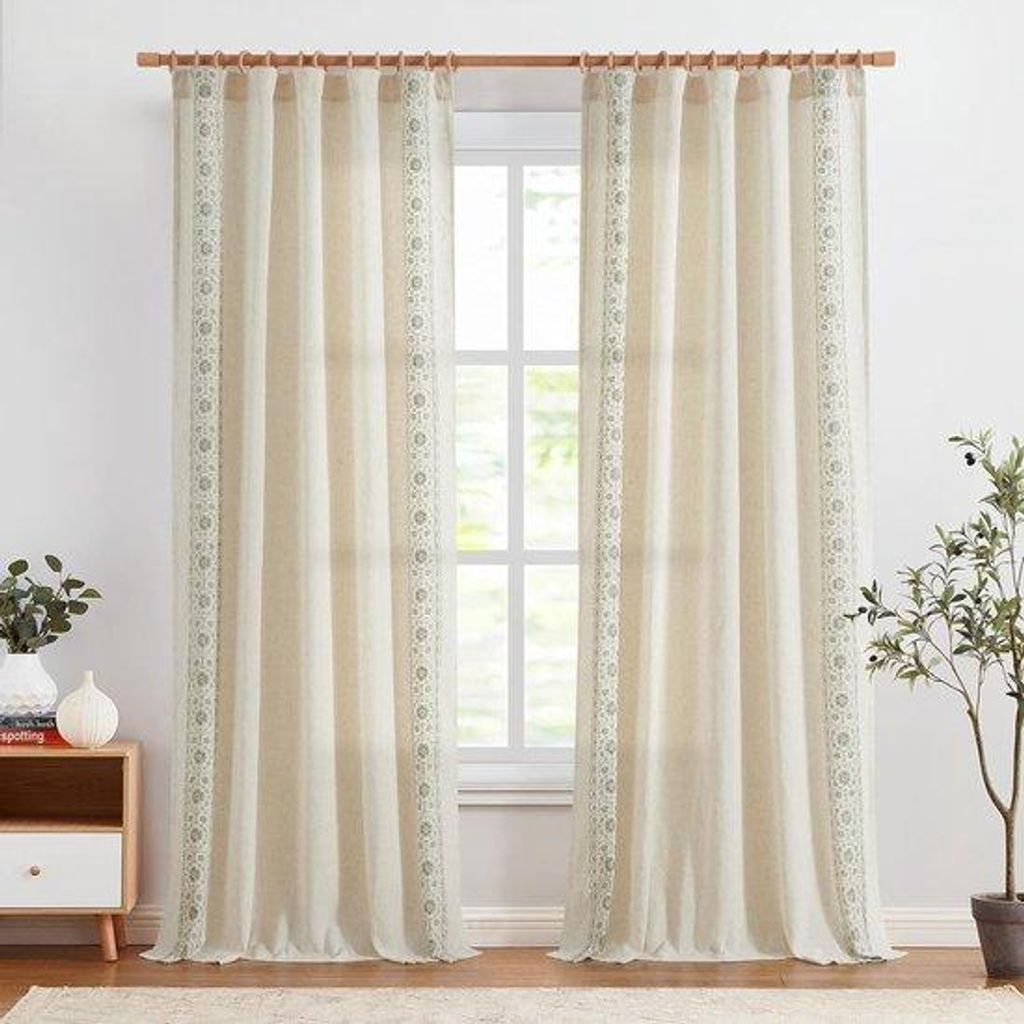 Vintage-Linen-Gardinen - 2-teilig - Grün auf Beige - 140 x 245 cm