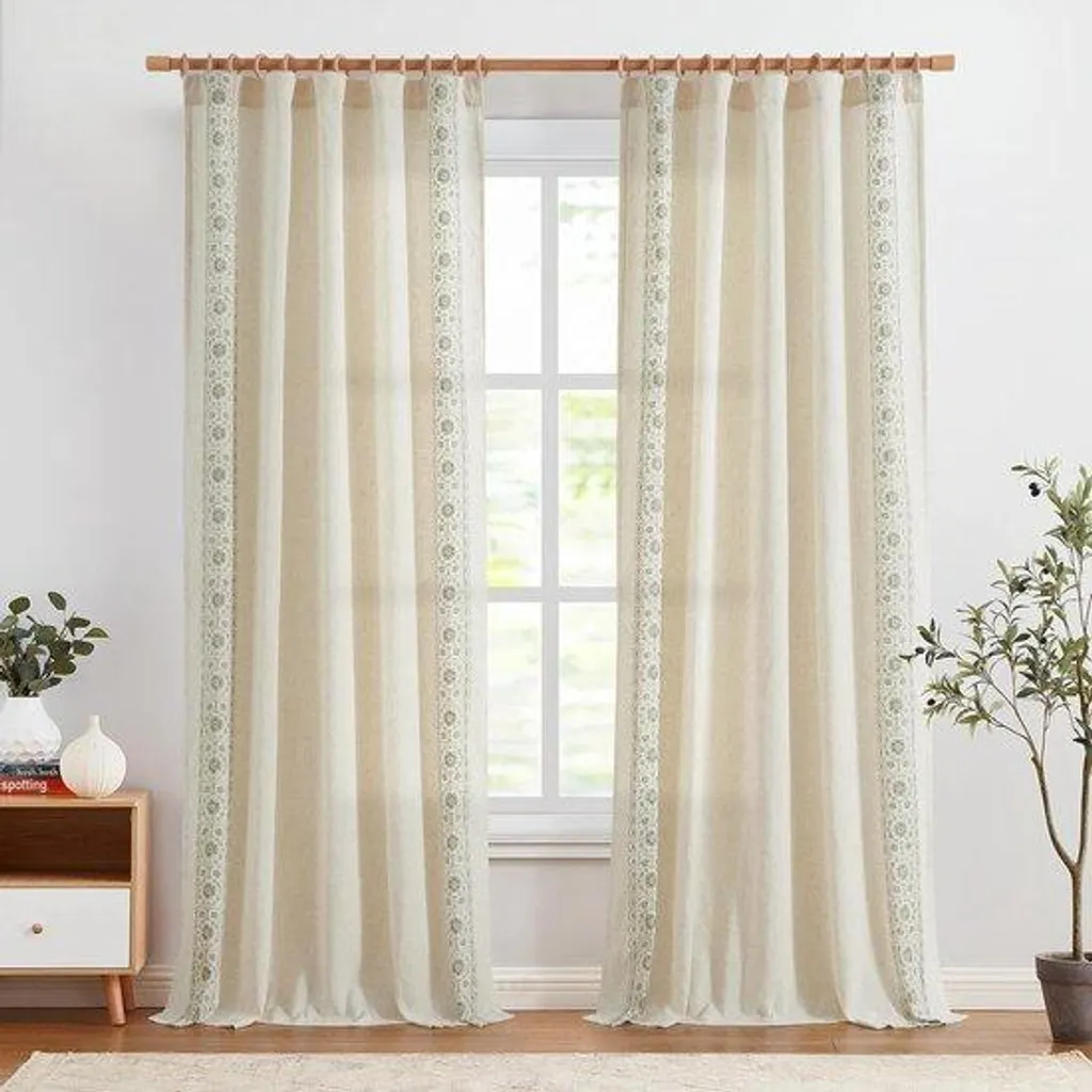 Rideaux lin vintage contre vis-à-vis vert et beige - 140x245 cm x2