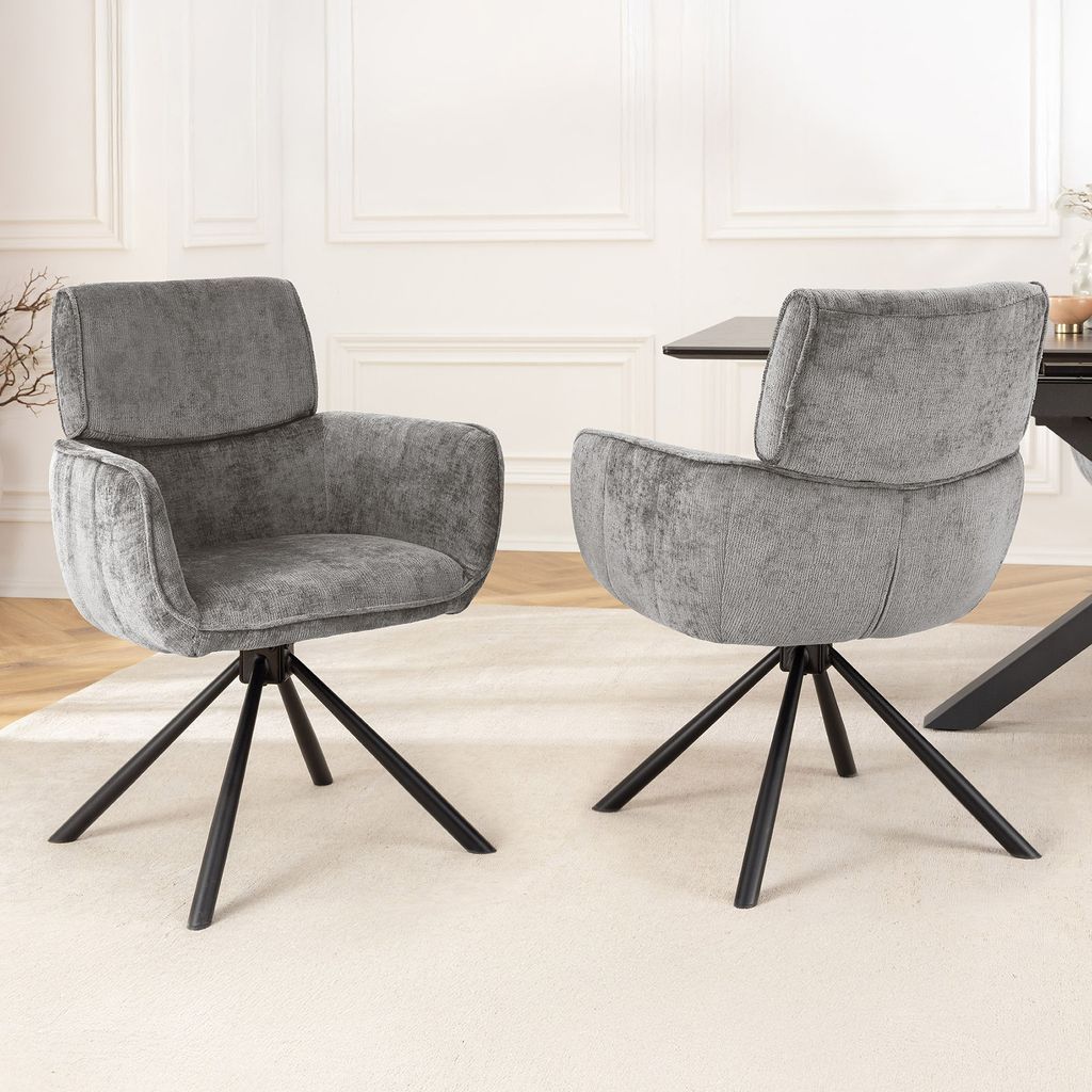 riess-ambiente Drehbarer Retro Stuhl UNIQUE grau Chenille schwarzes Metallgestell mit Armlehne