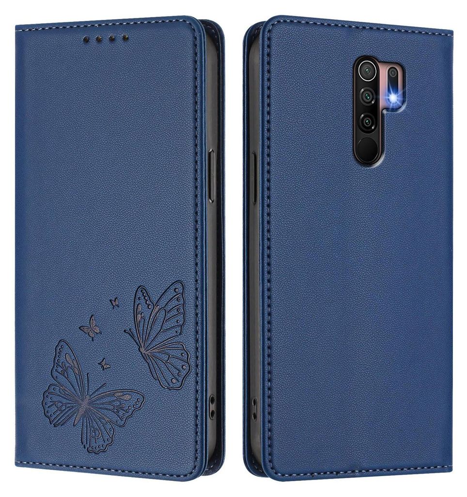 Lederhülle für Xiaomi Redmi 9, Schmetterling Prägung Leder Brieftasche Schutzhülle mit Ständer Dunkelblau