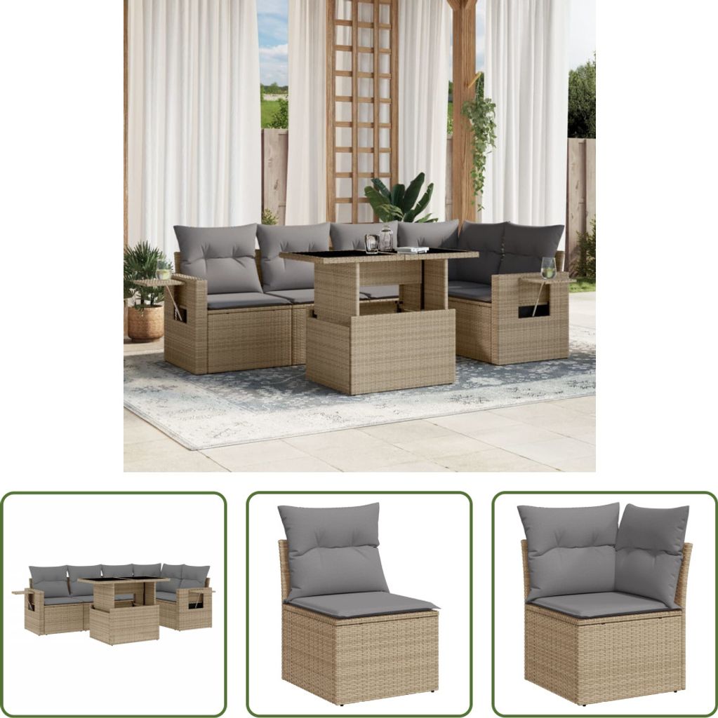The Living Store 6-tlg. Garten-Sofagarnitur mit Kissen Beige Poly Rattan