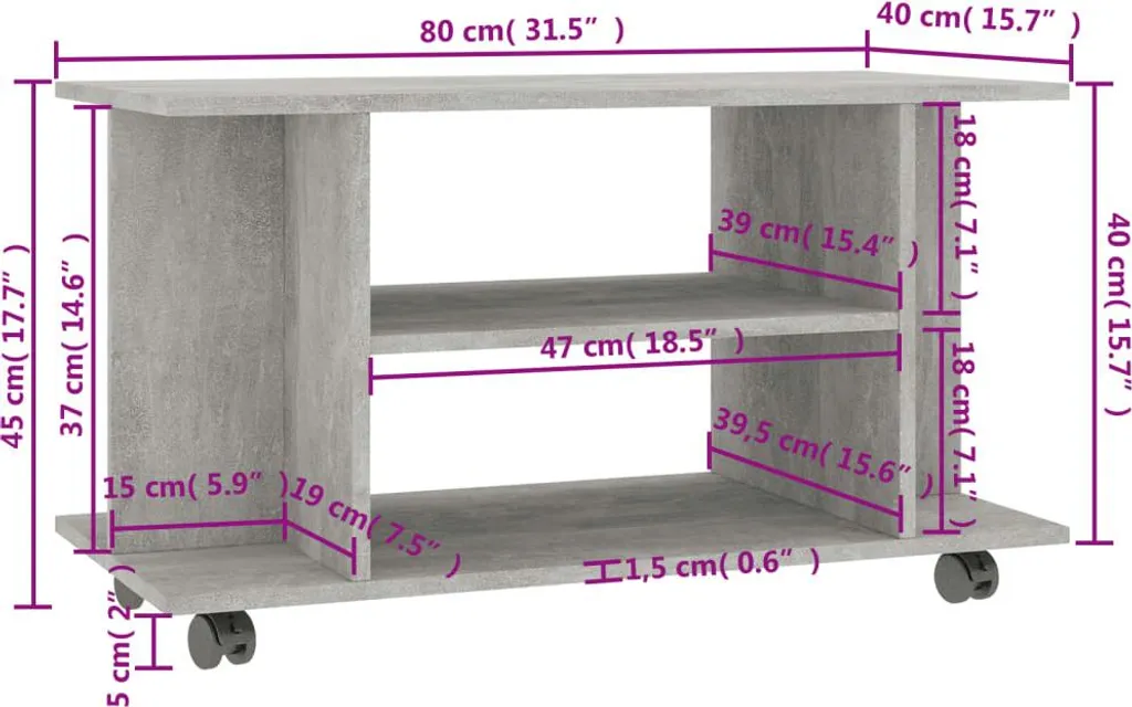 SYFAX™ Mobile TV con Ruote Grigio Cemento 80x40x45 cm in Multistrato - 6