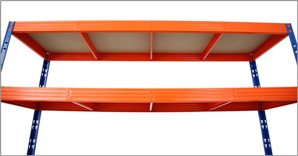 Profi Schwerlastregal RHINO | HxBxT 180x200x60cm | 4 Spanplatten-Ebenen 16mm | Fachlast 500kg | Blau/Orange