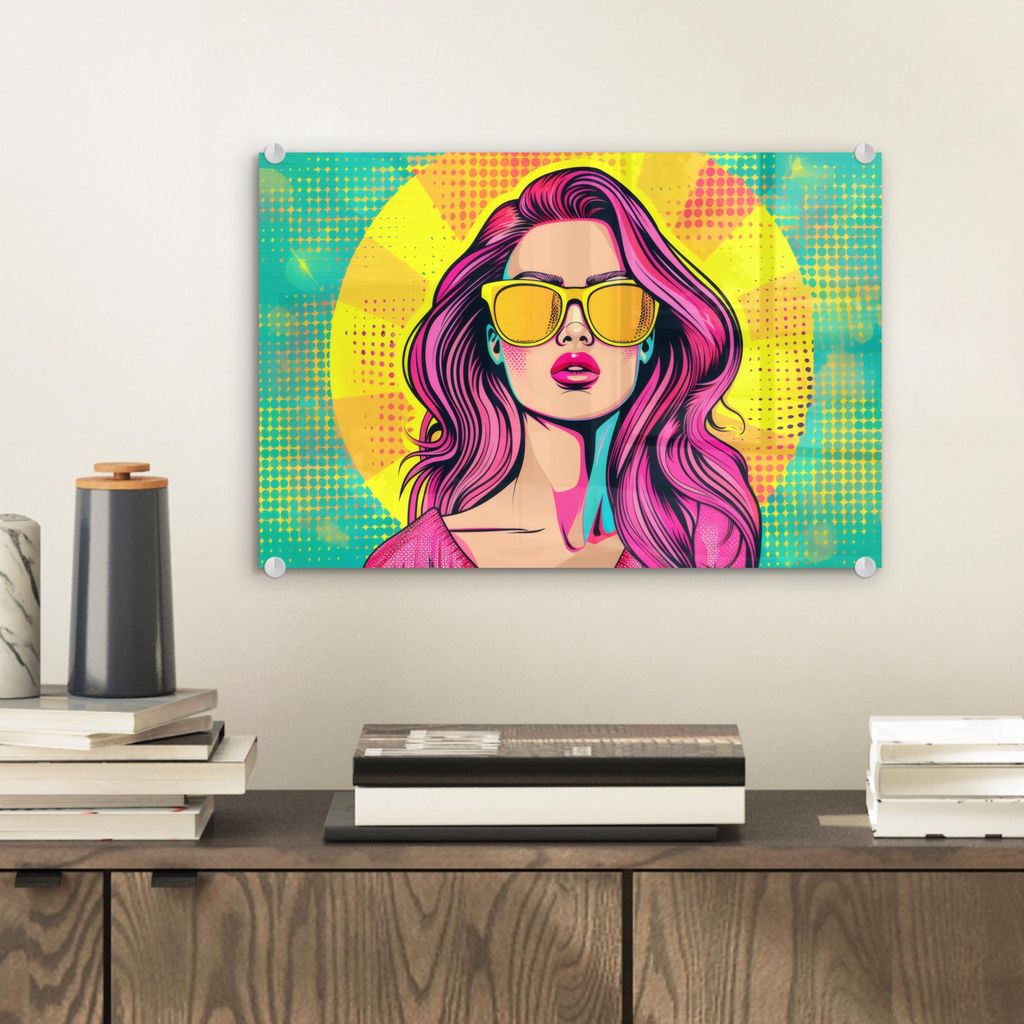 MuchoWow Glasbilder - Bilder auf Wandbild - Foto auf Glas Sonnenbrille - Frau - Sonnig - Gelb 30x20 cm Wanddekoration aus Glas - Acrylglasbild - Ac...