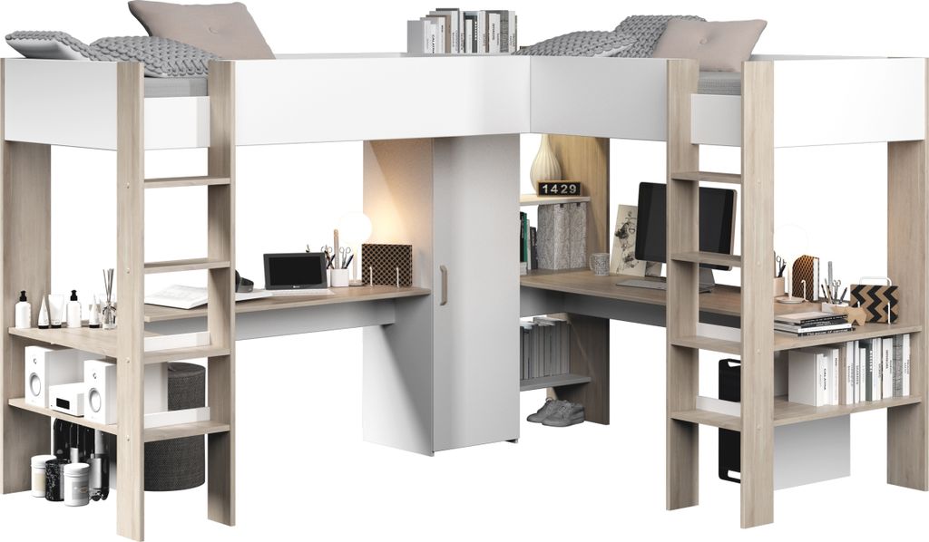 Lit d'angle double avec espace de rangement & bureau - 2 x Image du produit 