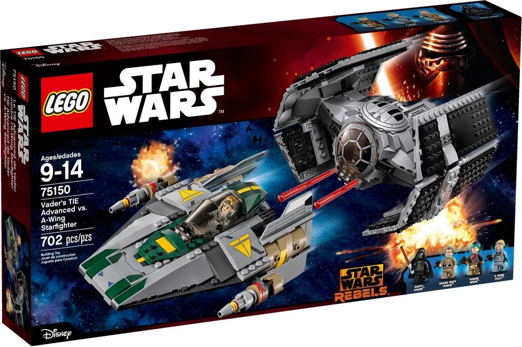 The image shows the packaging of a LEGO Star Wars set, featuring two starships in a space battle.