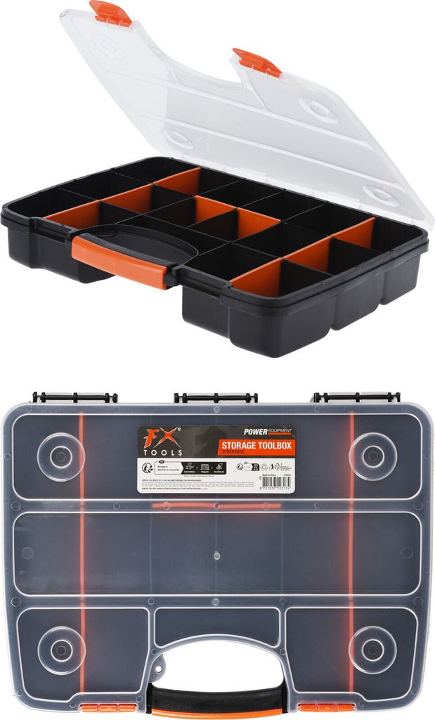 Sortimentskasten Organizer Schraubenmagazin Werkzeugkasten Angelkoffer schwarz/orange Werkzeugkiste Werkzeugbox Werkzeugkoffer Kunststoffkiste 38x2...