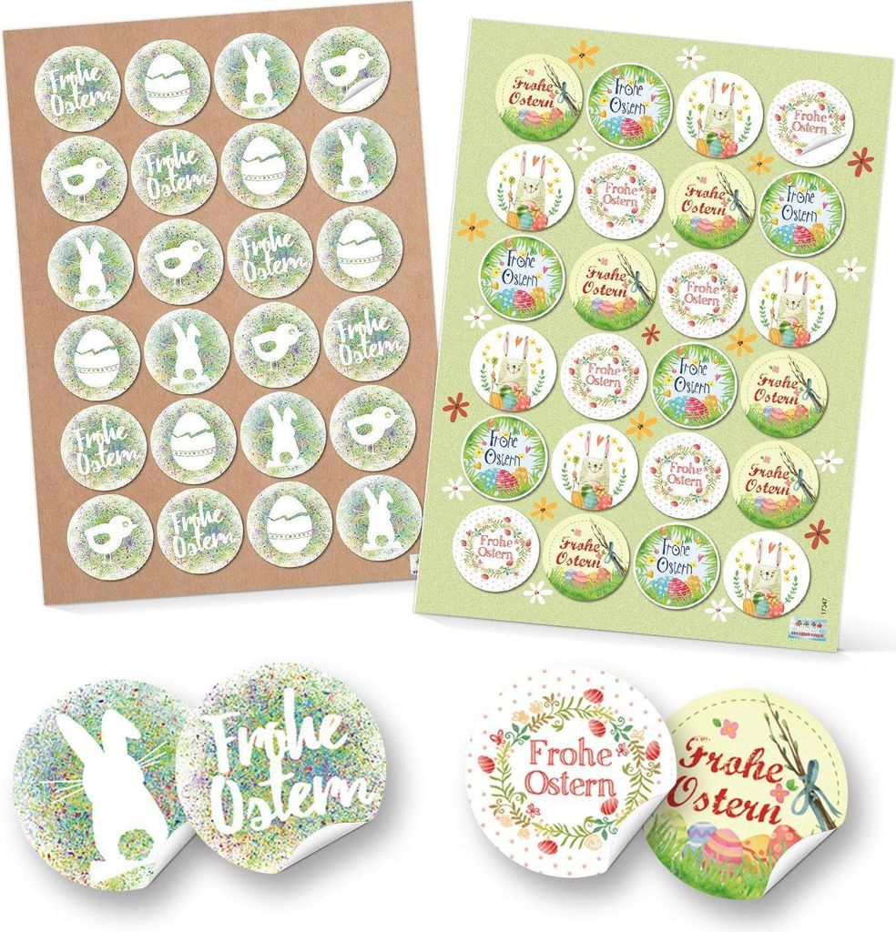 Set 48 Frohe Ostern Aufkleber Osterhase Osterdeko bunt Osteraufkleber rund Verpackung Kindergeschenke Geschenke Give-Away grün gelb pink grün rot