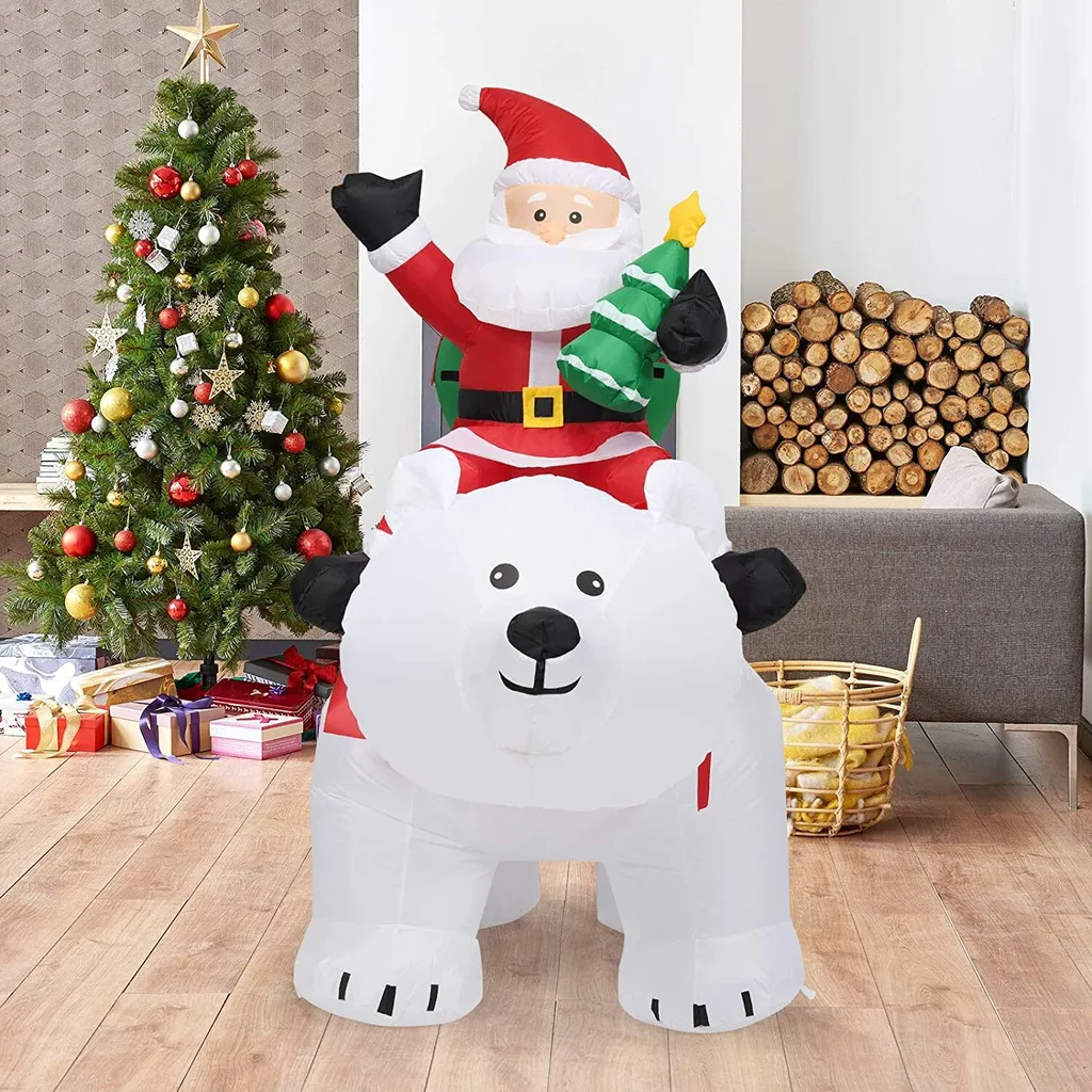 Père Noël Gonflable 2m Stable et Résistant avec Ours à Tête Animée - 2